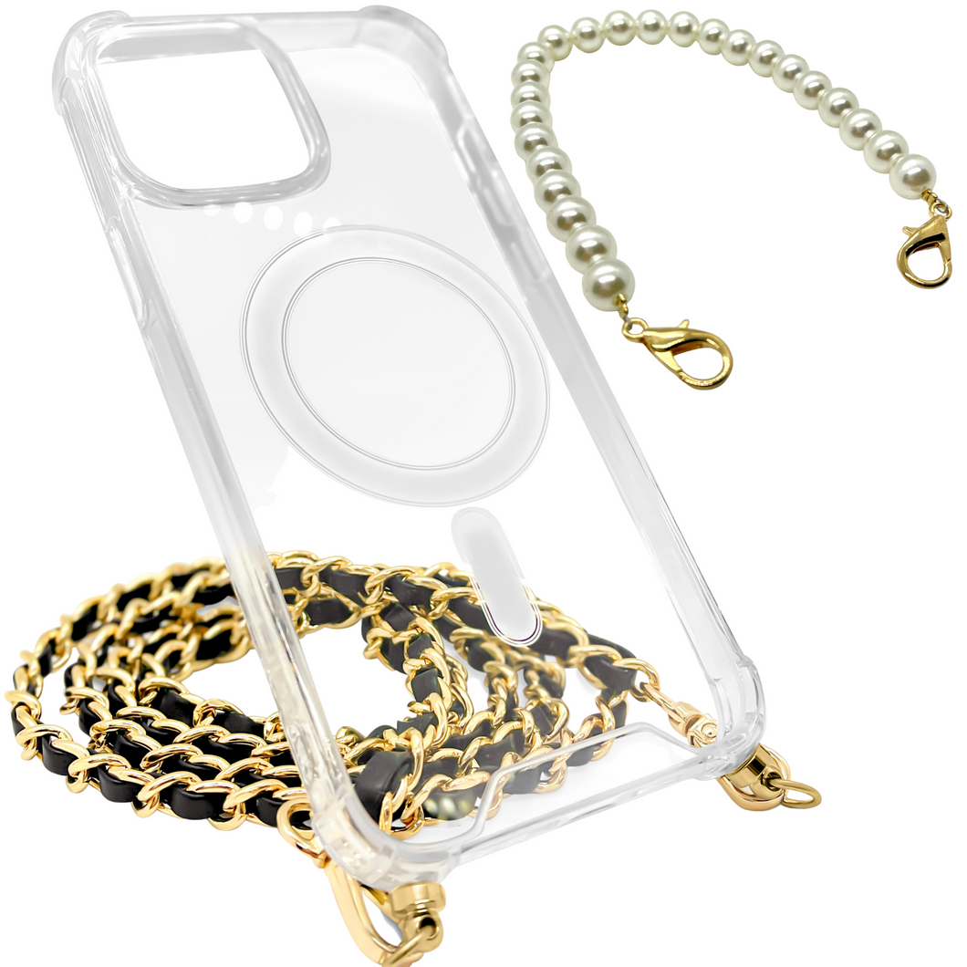 APORIA - MagSafe Clear Case with two straps (Luxury Crossbody + Pearl Wristlet)