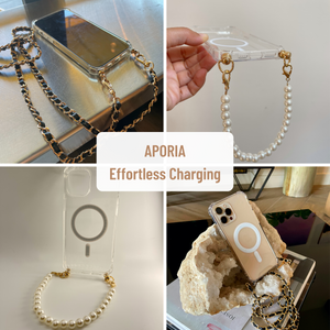 APORIA - MagSafe Clear Case with two straps (Luxury Crossbody + Pearl Wristlet)