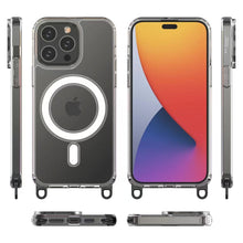 Load image into Gallery viewer, Aporia MagSafe Clear Case for iPhone 15+ with 3 Sets of Removable Hooks and Adjustable Lanyard: Transparent case featuring MagSafe compatibility, includes 3 sets of removable hooks and an adjustable lanyard for customizable style and convenience.
