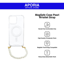 Load image into Gallery viewer, Aporia MagSafe Clear Case - Pearl Wristlet Strap for iPhone 15/14/13/12: Stylish clear case with MagSafe compatibility and a pearl wristlet strap, providing both protection and elegance for your device.
